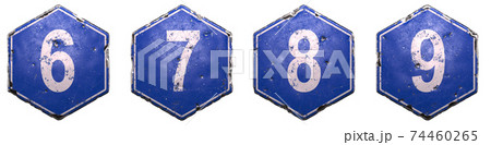 Set of public road signs in blue color with a white numbers 6, 7, 8, 9 in the center isolated on white background. 3d 74460265