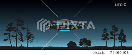 Silhouette of UFO over a night forest. Spaceship of aliens in the sky. Contact with extraterrestrial civilization Silhouette of UFO over a night forest. Spaceship of aliens in the sky. Contact with extraterrestrial civilization 74460408