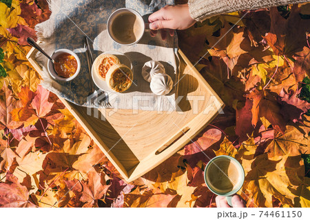 Couple of man and woman having morning breakfast in the autumn garden with colorful maple leaves. cup of coffee, marshmallow jam and a cheese pancake on a wooden tray. Aerial view Couple of man and woman having morning breakfast in the autumn garden with colorful maple leaves. cup of coffee, marshmallow jam and a cheese pancake on a wooden tray. Aerial view 74461150