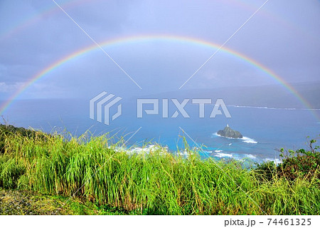 奄美大島　名瀬湾に架かる鮮やかな虹 74461325