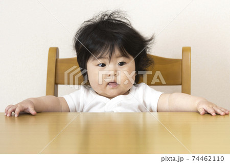 テーブルに座る赤ちゃん（0歳、生後7か月、女の子、日本人） 74462110