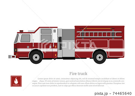 Red fire truck in flat style on white background. Isolated car of fire department 74465640
