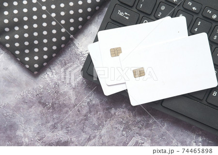 high angle view of credit cards on keyboard on black background  74465898