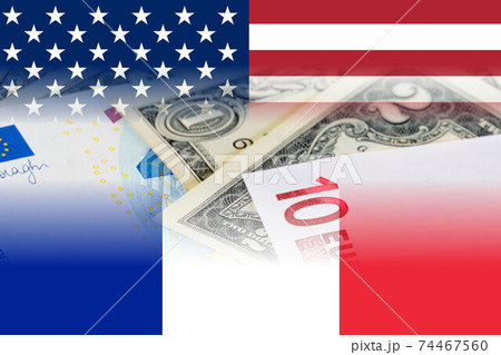 us and france flags with euro and dollar banknotes mixed image us and france flags with euro and dollar banknotes mixed image 74467560