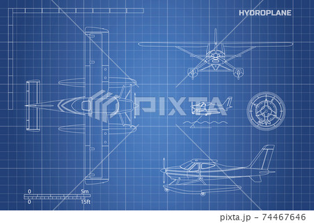 Outline blueprint of airplane. Hydroplane view top, side and front. Industrial drawing of aircraft 74467646