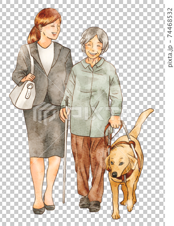 視覚障害者と案内する女性 74468532