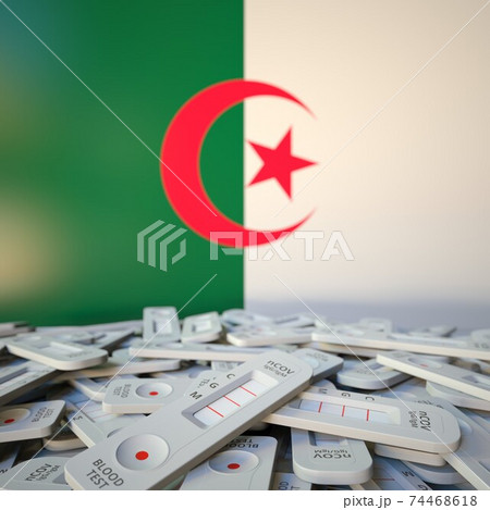 COVID-19 rapid antigen tests and flag of Algeria. Pandemic conceptual 3D rendering 74468618