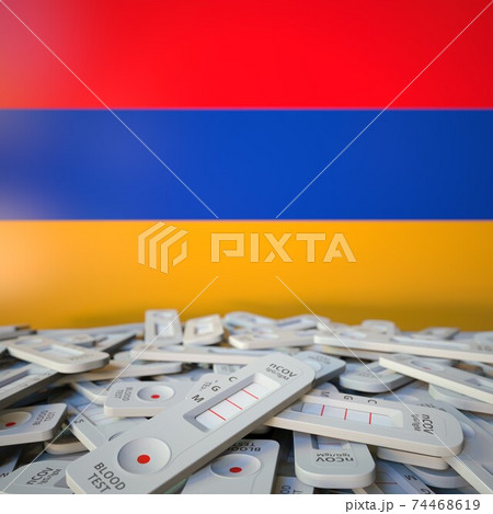 Flag of Armenia and disposed COVID-19 antigen tests, coronavirus outbreak conceptual 3D rendering 74468619