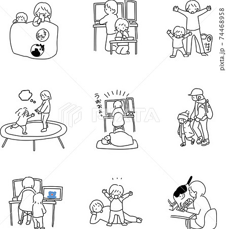 ワンオペをしながら勉強する主婦のイラスト素材