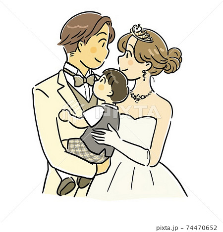 子連れで結婚式を挙げるカップルのイラスト素材