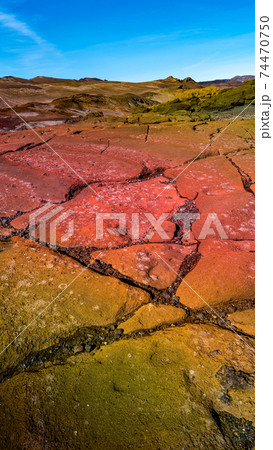 Amazing Icelandic landscape of colorful volcanic caldera Askja, in the middle of volcanic desert in Highlands, with red and turquoise volcano soil and hiking trail, Iceland, at summer and blue sky 74470750