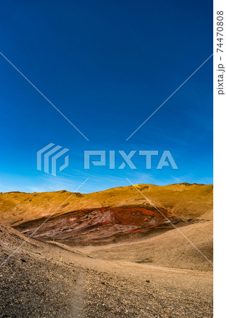 Amazing Icelandic landscape of colorful volcanic caldera Askja, in the middle of volcanic desert in Highlands, with red and turquoise volcano soil and hiking trail, Iceland, at summer and blue sky 74470808