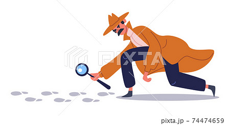 Private detective follows footprints. Detective character crime investigation, private investigator on trail. Detective character vector illustration set Private detective follows footprints. Detective character crime investigation, private investigator on trail. Detective character vector illustration set 74474659