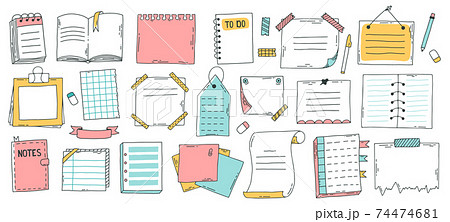 Doodle paper sheet. Hand drawn sketch notebook, bullet journal sheets, sticky note and notepad page. Sketch doodle sheets vector illustration set Doodle paper sheet. Hand drawn sketch notebook, bullet journal sheets, sticky note and notepad page. Sketch doodle sheets vector illustration set 74474681