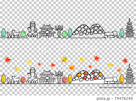 手書きの奈良の秋の街並みシンプル線画セット 74476249