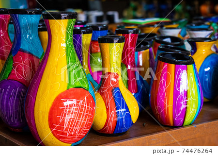 Beautiful traditional handicrafts of the small town of Raquira in Colombia. The City of Pots. 74476264