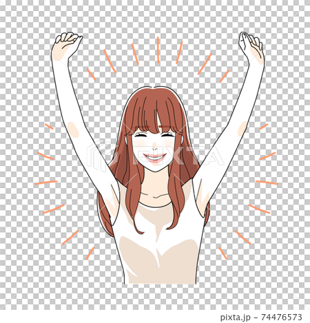 A woman in her twenties who is happy to raise her hand 74476573