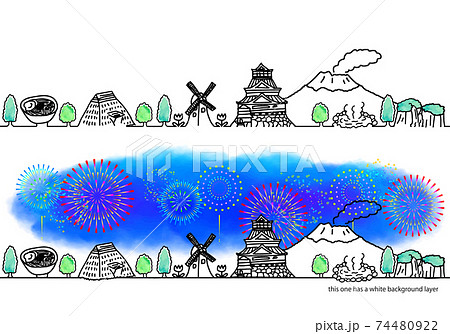 九州の街並みと花火のシンプル線画セット 74480922