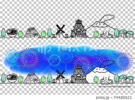 九州の街並みと花火のシンプル線画セット 74480922