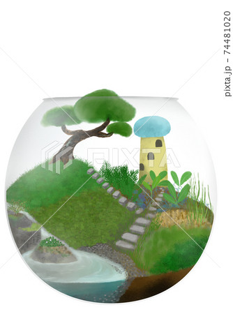 松と苔 黄色い塔のある水辺のテラリウム キャラクターなしの背景透過タイプのイラスト素材