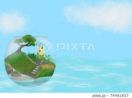 松と苔 黄色い塔のある水辺のテラリウム キャラクターなし が穏やかな晴天の海を漂っているイラストのイラスト素材