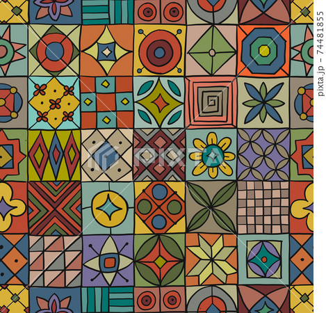 Talavera pattern. Indian patchwork. Turkish ornament. Moroccan tile mosaic. Spanish decoration. Ethnic background. Seamless pattern for your design 74481855
