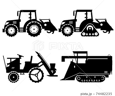農業機械 トラクター 田植え機 コンバイン 白黒シルエットのイラスト素材