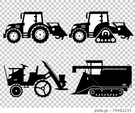 農業機械 トラクター 田植え機 コンバイン 白黒シルエットのイラスト素材