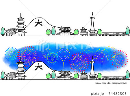 シンプル手書きの京都の街並みと花火の線画セットのイラスト素材