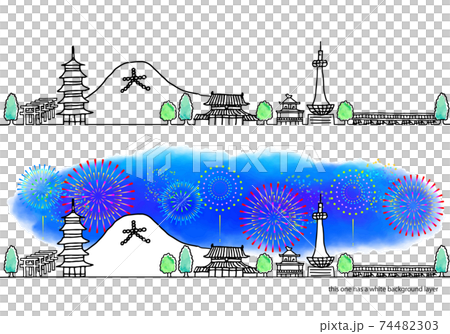シンプル手書きの京都の街並みと花火の線画セット 74482303