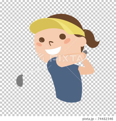 ゴルフをしてる若い女性のイラスト。女性はゴルフクラブでスイングしてる。 ゴルフをしてる若い女性のイラスト。女性はゴルフクラブでスイングしてる。 74482346