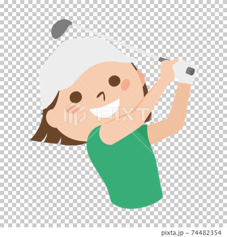 ゴルフをしてる若い女性のイラスト。女性はゴルフクラブでスイングしてる。 74482354
