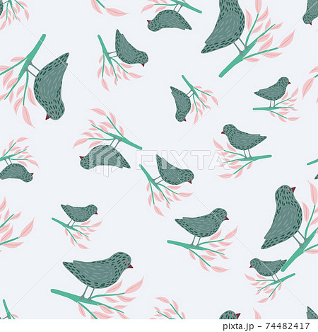 Random seamless pattern with navy blue bird silhouettes on branches leaves. Pastel background. 74482417
