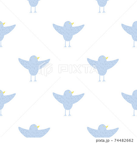 Isolated seamless pattern with blue flying birds silhouettes. White background. Simple design. 74482662