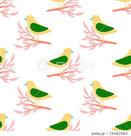 Isolated seamless kids style pattern with bright yellow and green colored birds on pink branches. Isolated seamless kids style pattern with bright yellow and green colored birds on pink branches. 74482663