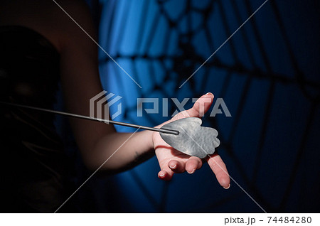 An unrecognizable woman demonstrates an elegant thin leather strip whip in a dark bedroom. Close-up of female hands with a bdsm toy. Pain and pleasure.Adult toy for slaps. 74484280