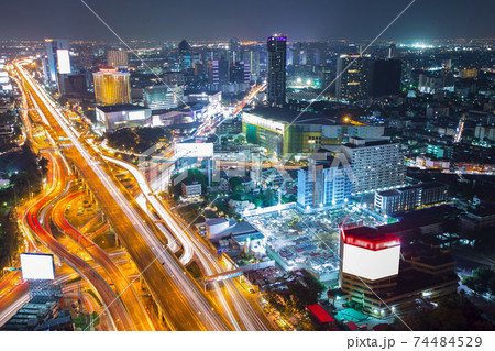 Top view of 5-way intersection Ladprao in Bangkok business district. Top view of 5-way intersection Ladprao in Bangkok business district. 74484529