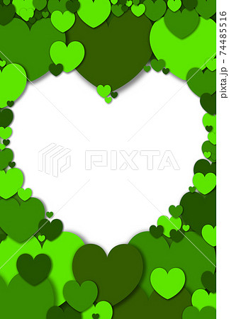 ハート素材 大中小の緑色ハートで作られた可愛いハート形フレーム 縦 枠内白 他色有りのイラスト素材