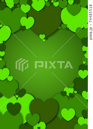 ハート素材 大中小の緑色ハートで作られた落ち着いたハート形フレーム 縦 他色有り 74485518