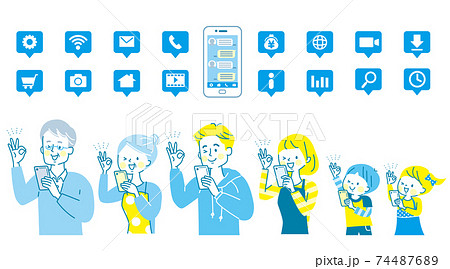スマホを持ってokサインする笑顔の三世代家族とアイコンセットのイラスト素材