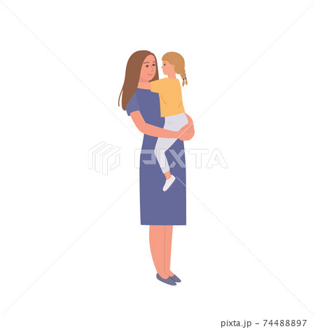 Mother and daughter isolated on white. A young woman holds a baby in her arms. Parents and children spend time together.  74488897