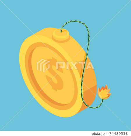 Isometric Golden Dollar Coin with Burning Fuse 74489558