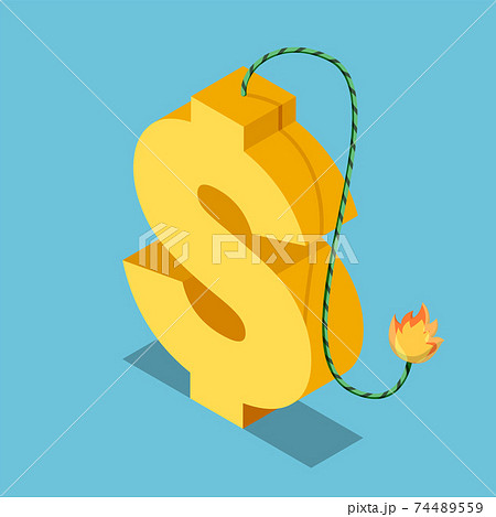 Isometric Golden Dollar Symbol with Burning Fuse Isometric Golden Dollar Symbol with Burning Fuse 74489559