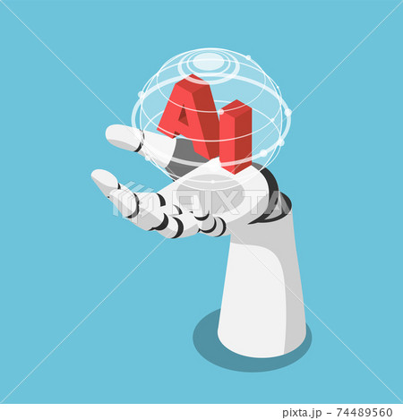 Isometric Hand of Artificial Intelligence Robot Holding Futuristic Globe with Connection Network 74489560