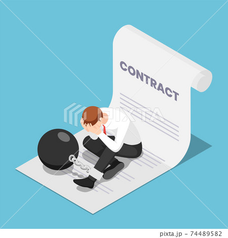Isometric Businessman Chained with Big Metal Ball Sitting On Contract 74489582
