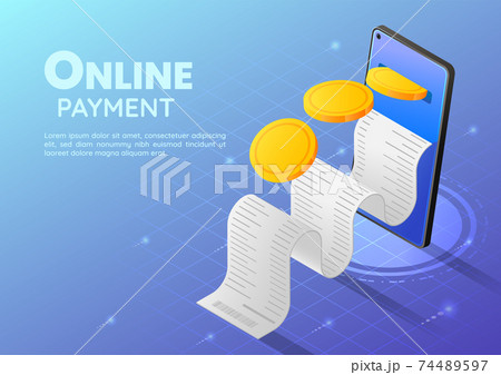 Isometric Web Banner Gold Coin Going into Smartphone with Receipt Isometric Web Banner Gold Coin Going into Smartphone with Receipt 74489597