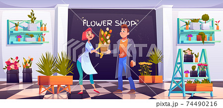 Man Buying Bouquet In Flower Shop Floristic Storeのイラスト素材