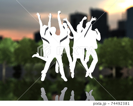 ジャンプして喜ぶ5人の男女のシルエット Cgイラストのイラスト素材
