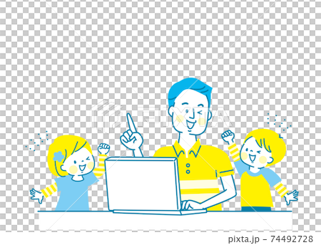 A smiling parent and child and a computer 74492728