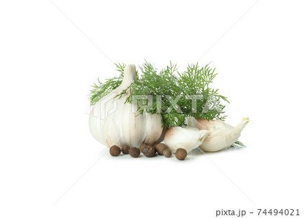 Garlic, dill and peppercorns isolated on white background 74494021